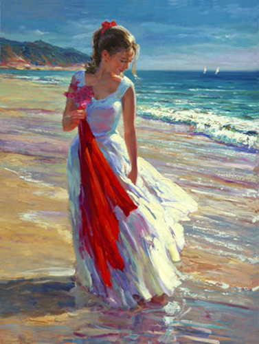 Huge Oil painting nice young girl playing by beach & ocean waves Coastal Breeze