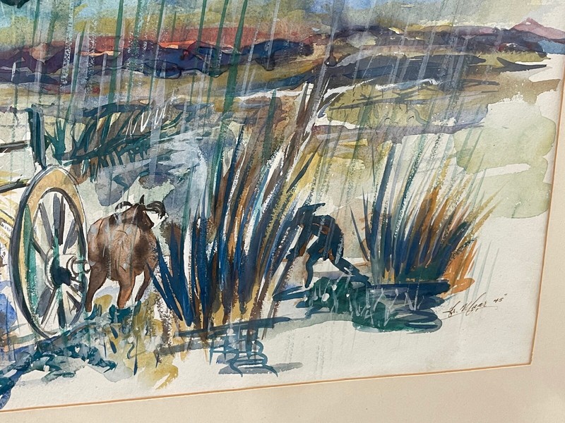 Vtg WW II Era 1945 Signed Watercolor Painting Plane Case Ace Flying Over Field gallery