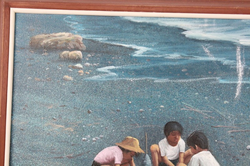 Vintage Children Playing On The Beach Oil Painting On Canvas Signed Illegible gallery