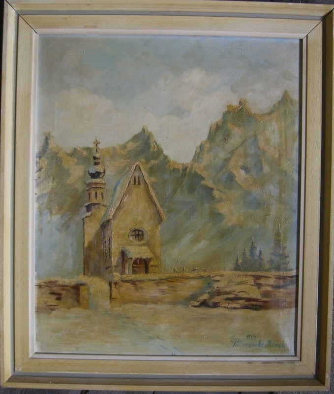 ::E.POMMERENCKE-RENCK KIRCHE KAPELLE FROST ALPEN SCHNEE GEBIRGE ANTIK SIGNIERT