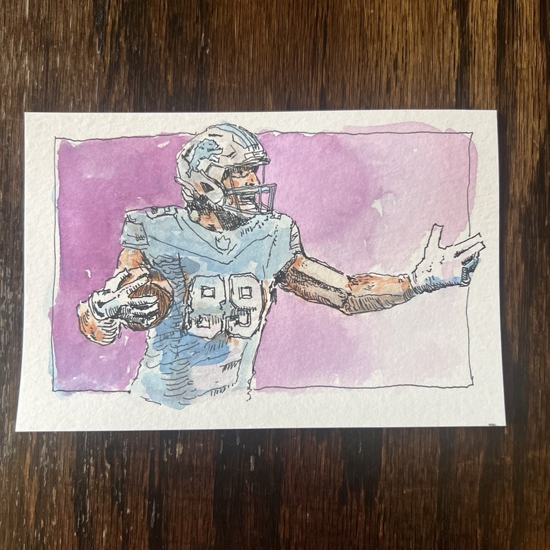 Brock Wright #89 Detroit Lions Original Ink Watercolor Art 4×6 In
