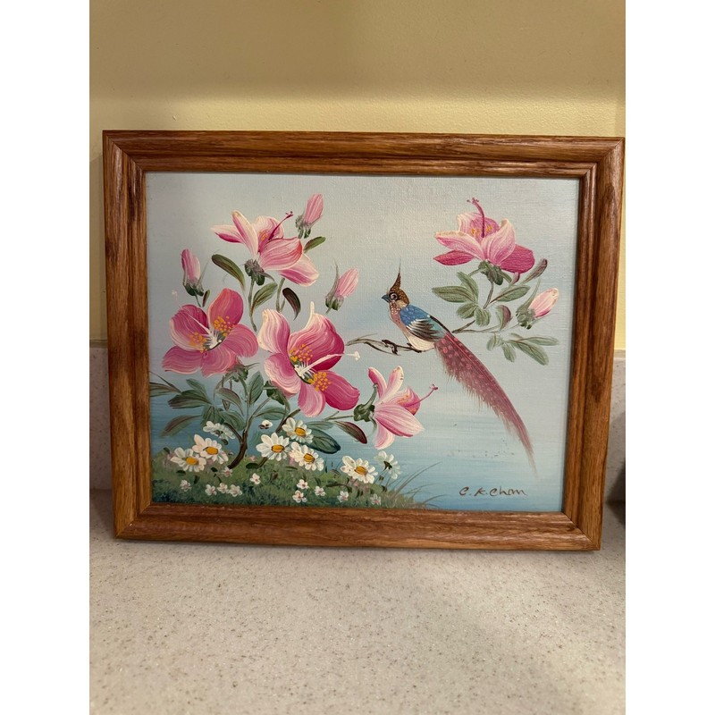 Beautiful Framed Painting of Birds and Flowers by C.K Chan 11×9