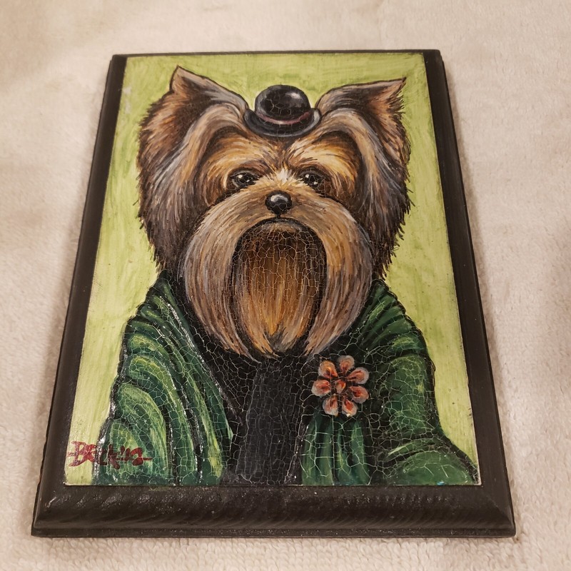Yorkie Dog Painting Original Art Yorkshire Terrier Pop Art Hat Signed 6.5″x5″