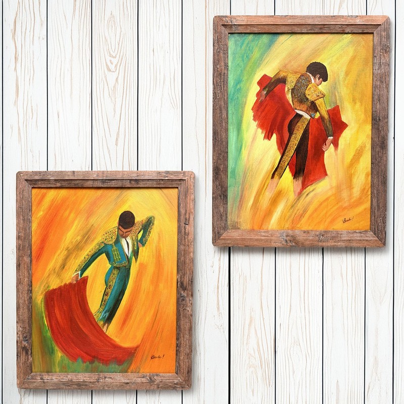 Pair Vintage 1992 Bullfighter Oil Paintings Framed 16 x 20 Signed Phoenix, AZ