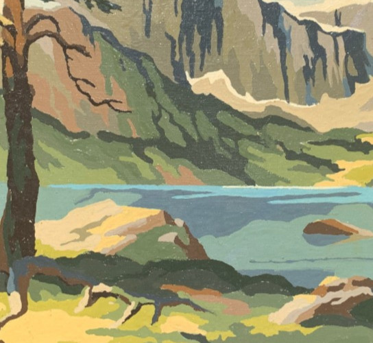 Vintage Paint By Numbers Painting: Mountains, Lake, Pine trees, Framed, 1950’s?