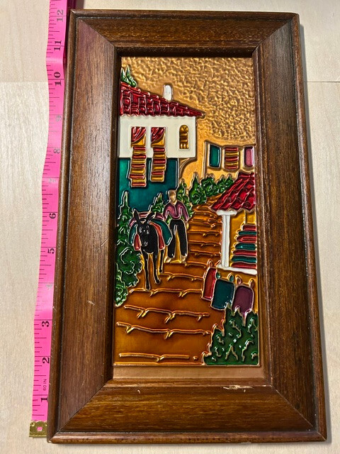 Rustic Greek Enamel Wall Art-Village Scene Man & Donkey boho Please see pictures gallery