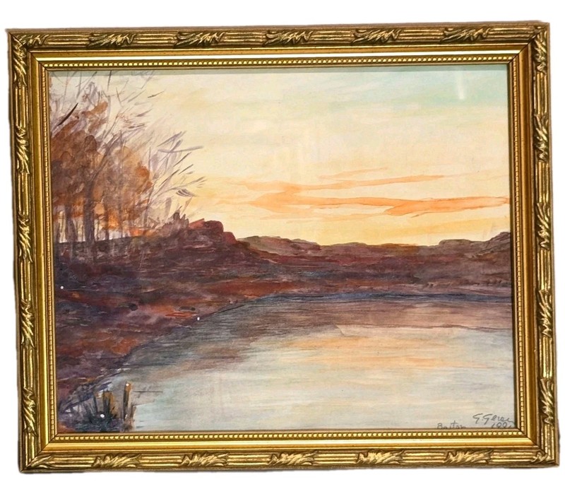 Original Watercolor Signed Framed 1991 Boston Muddy River Sunset Landscape