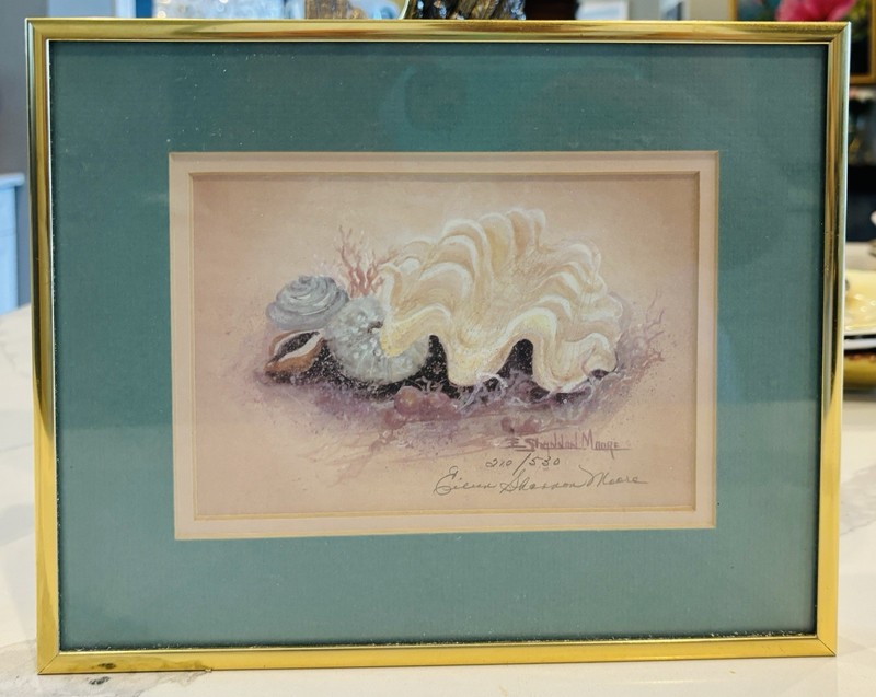Eileen Shannon Moore Coastal Clam Shell Watercolor Gold Frame Signed 10×8