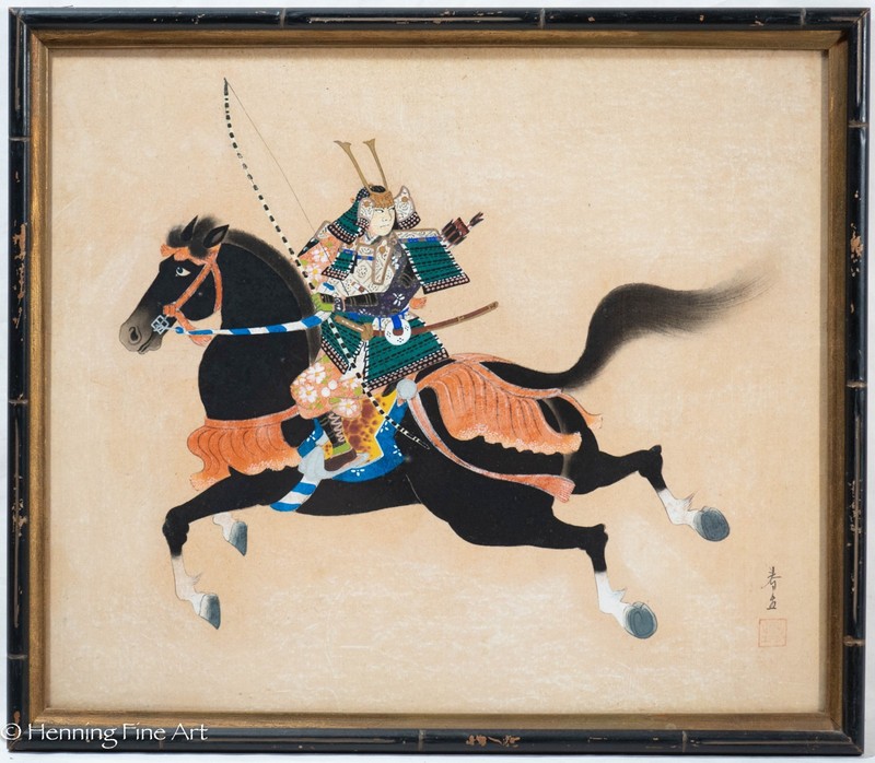 Antique / Vintage Japanese Silk Painting of Samurai Warrior on Horseback 16×19″