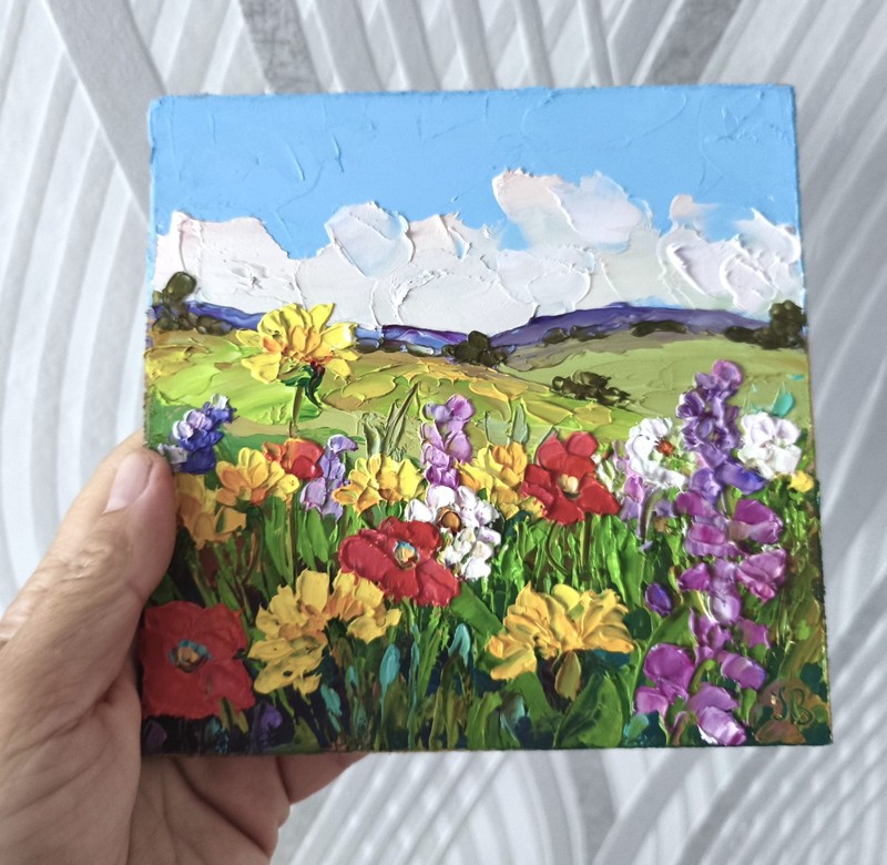 Flower Original Oil Painting Dandelions Impasto Artwork 6x6in Small Wall Art gallery