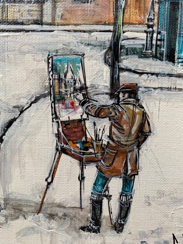 Vintage Painting Paris Snow Montmartre Place Du Tertre Self-Portrait CL. Dumont
