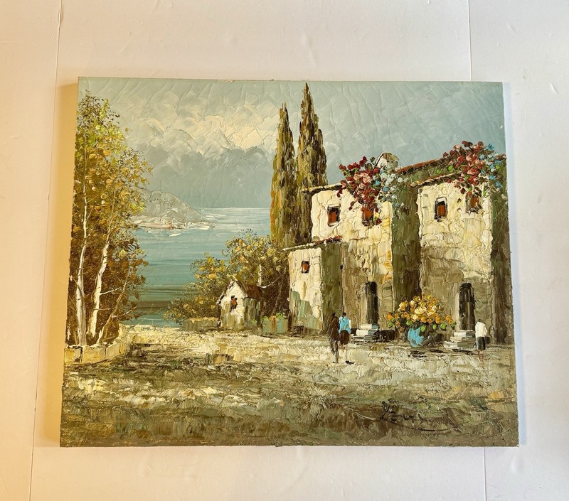 Vintage Oil Painting Mediterranean Villa Landscape Signed Impasto Coastal Art gallery