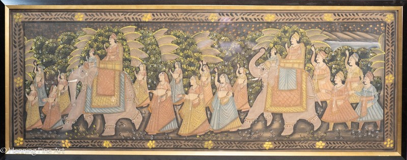 Beautiful Vintage Indian Painting Procession of Elephants and Women LG 24 x 60″