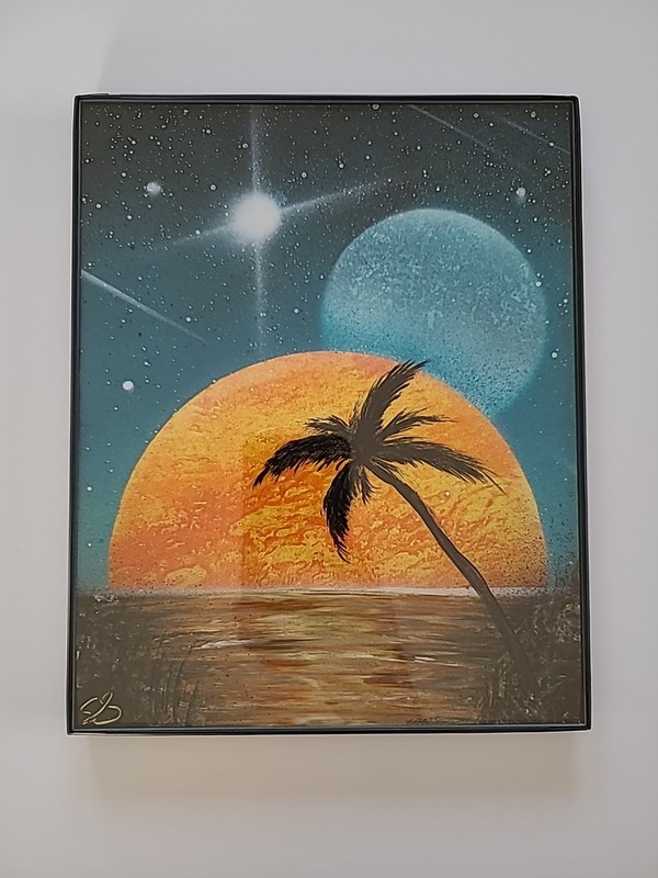 Outer Space Sunset And Planet Original Spray Paint Art 8×10 Framed