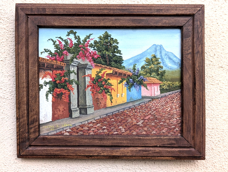Carlos E Lopez Original Oil Painting 1984 Volcano Street Scene Framed 15.5×12.5