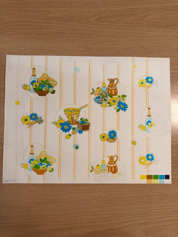 Vtg Gouache Kitchen Still Life Textile Design Blue Yellow Studio X03797