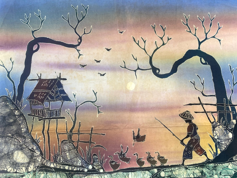 Batik Painting On Fabric Original Art Ducks Village Scene Signed gallery