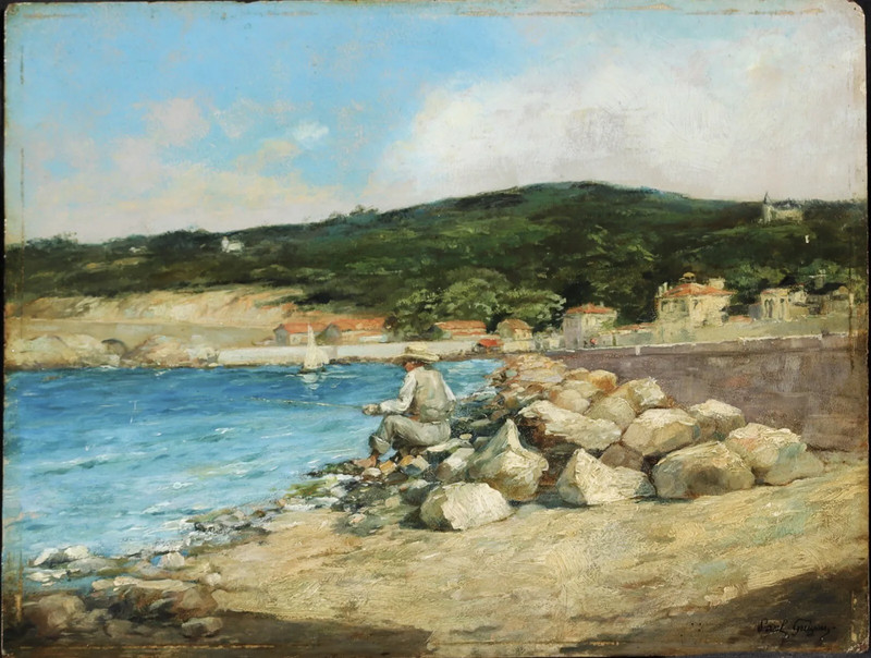 «FISHERMAN ON THE ROCKS» PAUL GUIGOU 1860’s SIGNED FRENCH OIL ON PANEL.