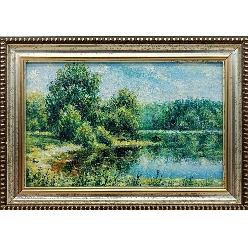 Original Oil Painting Forest Landscape with River 6×4 in Signed Framed