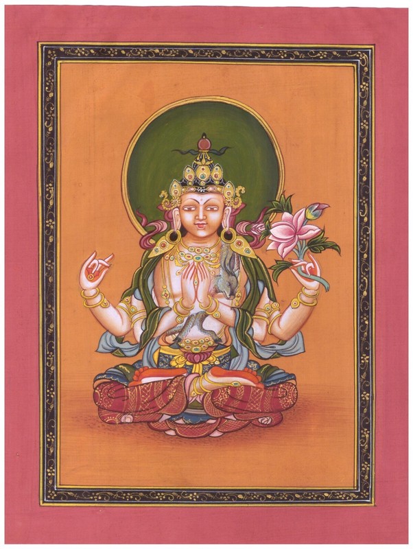Newari Style Chenrezig Thangka – Compassionate Buddha Painting 7×9 Inches