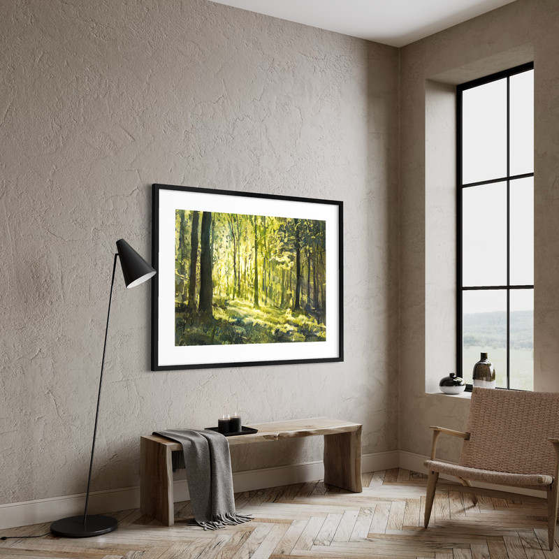 Colorful watercolor landscape forest rays tree sunset painting art (original) gallery