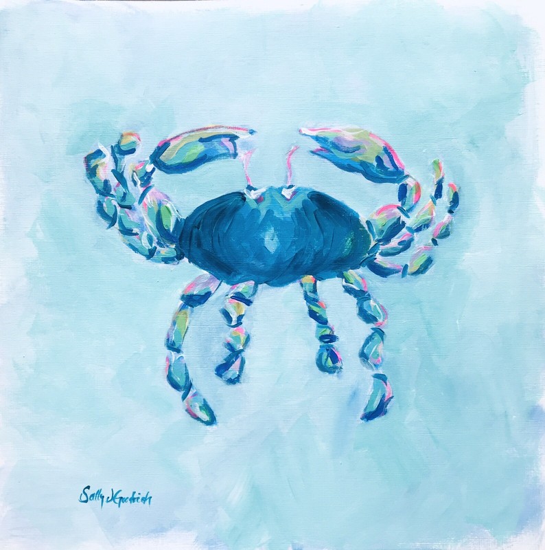 Blue Crab Painting on Canvas Paper Acrylic 12″ x 12″ Square Original Art