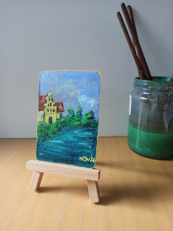 ACEO Landscape Yellow House Trees Cloudy Sky River Acrylic Original By O.MyLore