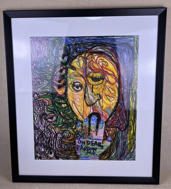 Houston Tobin Original Outsider Art ‘Oh Dear Pardon Me’ Oil Pastel Collage Frame
