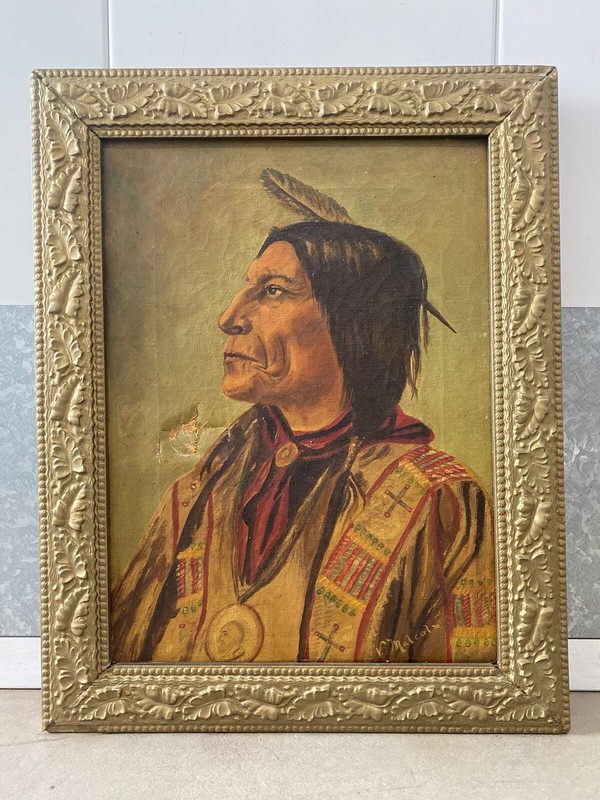 🔥 Historic Antique 19th Native American Indian Painting – Chief WOLF ROBE, 1898