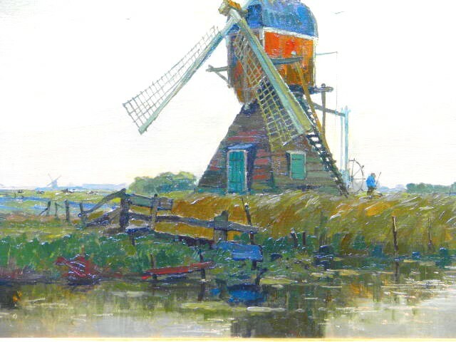Painting by C. A. Bartels Dutch Seascape with Windmill around 1930 gallery