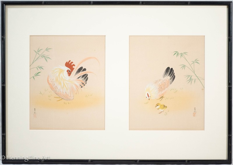 Beautiful Vintage Japanese Silk Paintings Rooster, Hen & Chick Signed & Framed