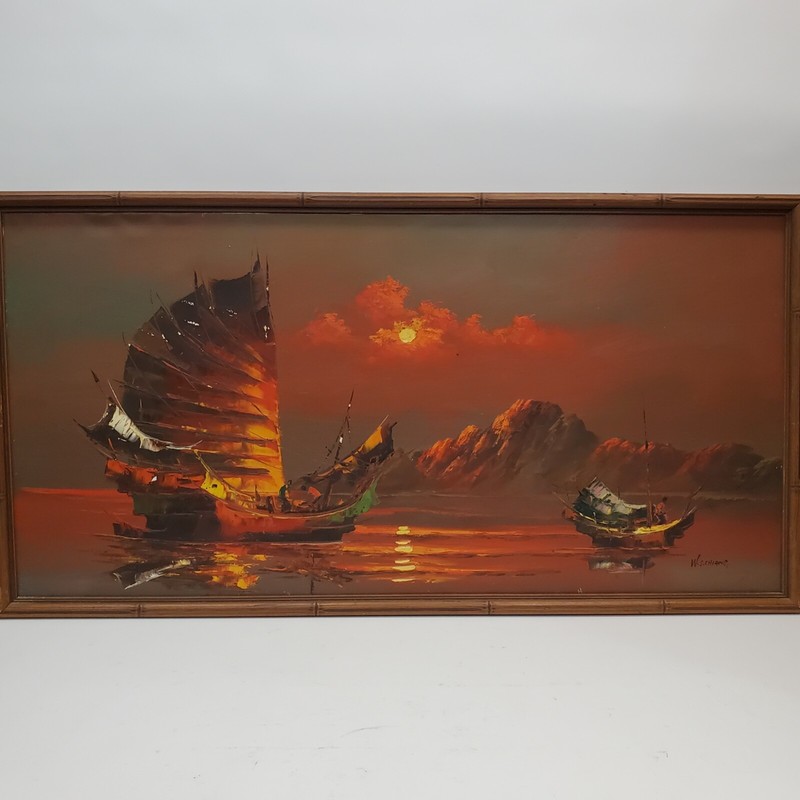 HUGE Vtg WS Chiang Chinese Junk Sunset Scene Oil Painting MCM Chippendale 48X24