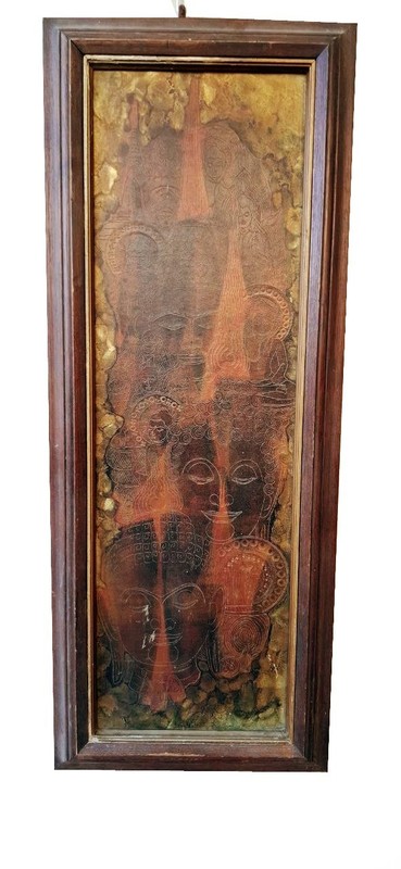 Vintage Asian Buddha Faces Wall Art Hand-Etched Decorative Plaque Wood Frame