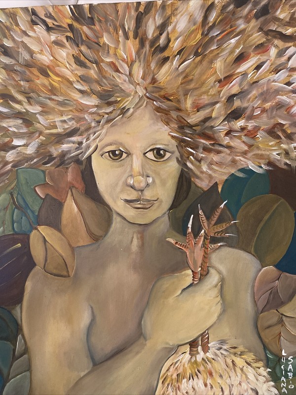 Vntg Folk Art Portrait Woman Holding Chicken Legs 23” X 18” Acrylic On Wood