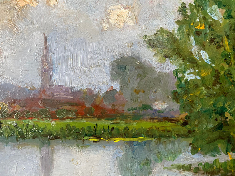 Impressionist Around 1900 Gold Frame Church By The River Summer Day Water gallery