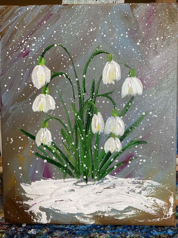 Snowdrops Flowers. ,8/10 Inches Original Painted On Canvas,abstract