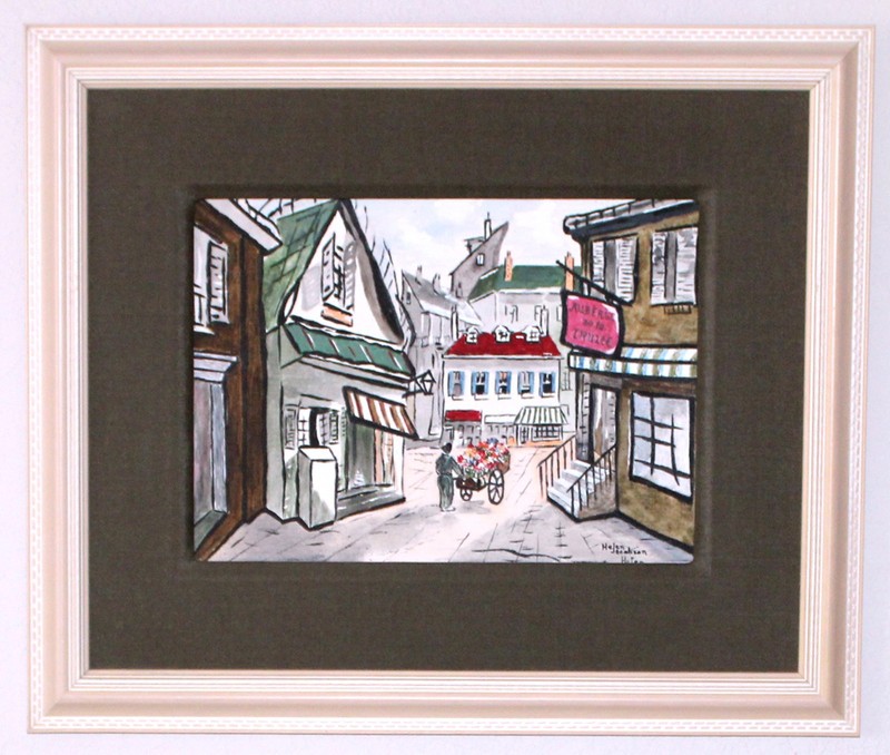 French Village Painting by Helen Jacobson Custom Frame Auberge Man with Flowers