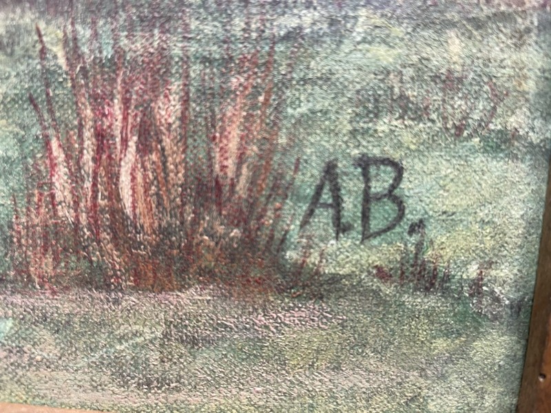 AB Signed Framed Realism Canvas Landscape Painting Mountains Houses Field gallery