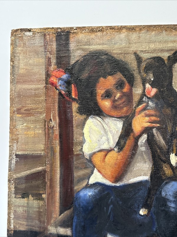 Antique Painting Impressionist Child With Puppy Dog Trude Hanscom Regionalist gallery
