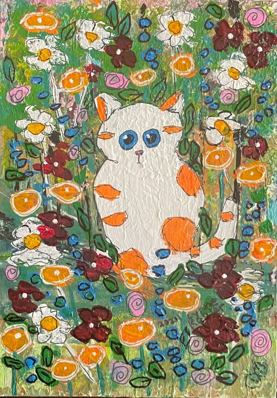 Original painting white Cat flowers on 5×7″ canvas panel by Lynne Kohler