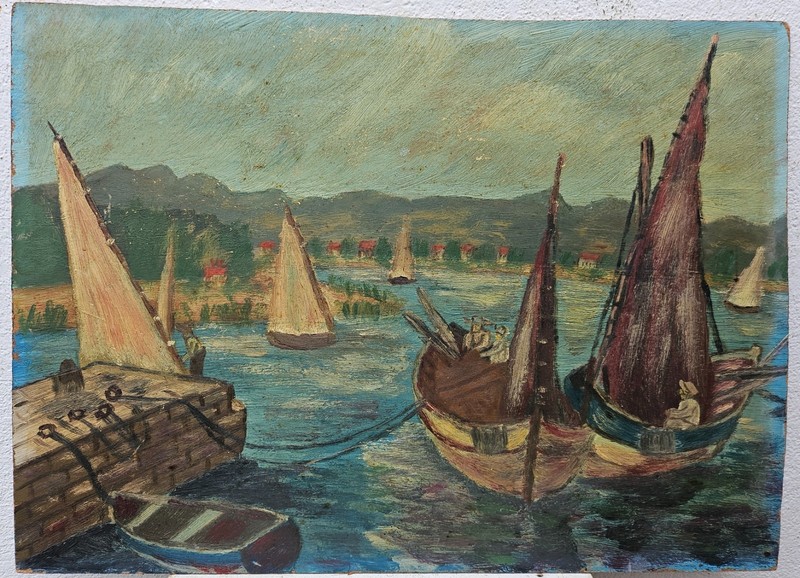 No.: 1284 oil painting painting oil painting seafaring sea ships people city