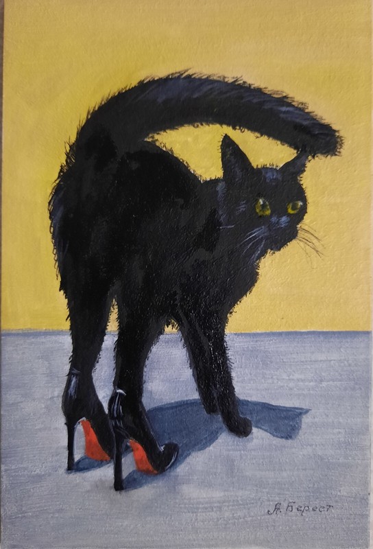 ORIGINAL Oil Painting HANDMADE Miniature Black Cat Contemporary Wall Art Animals