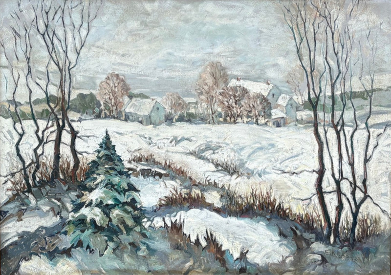 Pennsylvania Farmhouse in Snow 32 x 23 Oil Painting-Ed Kraske (1905-1978)