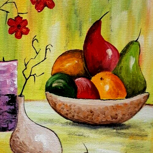 Fruits and flowers in a vase on the table.Original oil painting on canvas 10x10" gallery
