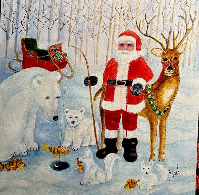 WATERCOLOR ORIGINAL 12×12 Christmas Vintage Rustic Santa Snow Fishing Holiday