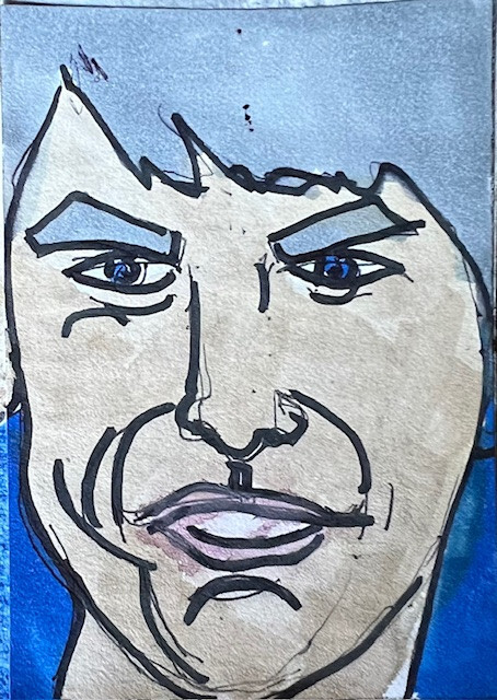aceo OOAK original trading card w/c by MaryAnn Lucas grey haired man