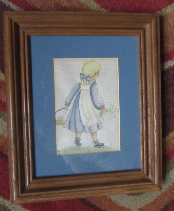 ORIGINAL PEN, INK, and WATERCOLOR ILLUSTRATION PAINTING PIONEER GIRL & FLOWERS