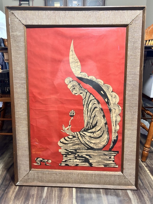 Vintage Thai Buddha Gold Leaf Lacquer Painting 27×38 Framed Red Silk Art