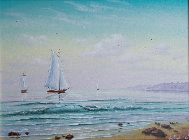 Seascape with sailboats and seagulls, this oil painting done in pastel colors