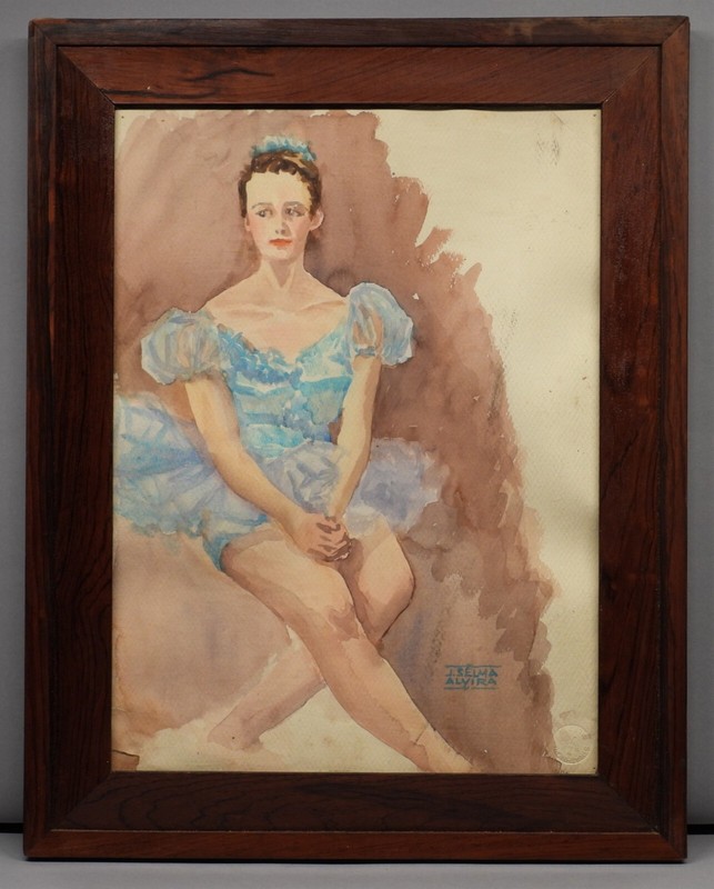 J. Selma Alvira Ballet Dancer in Blue Dress Portrait Watercolor Painting gallery
